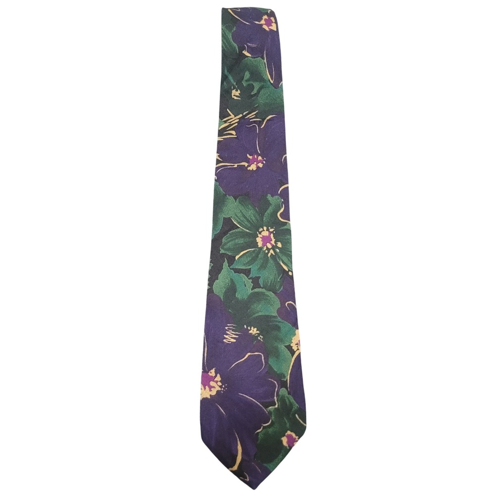 Generra 58" Floral Necktie Mens Purple Green Gold Vintage 90s Wide Silk Tie